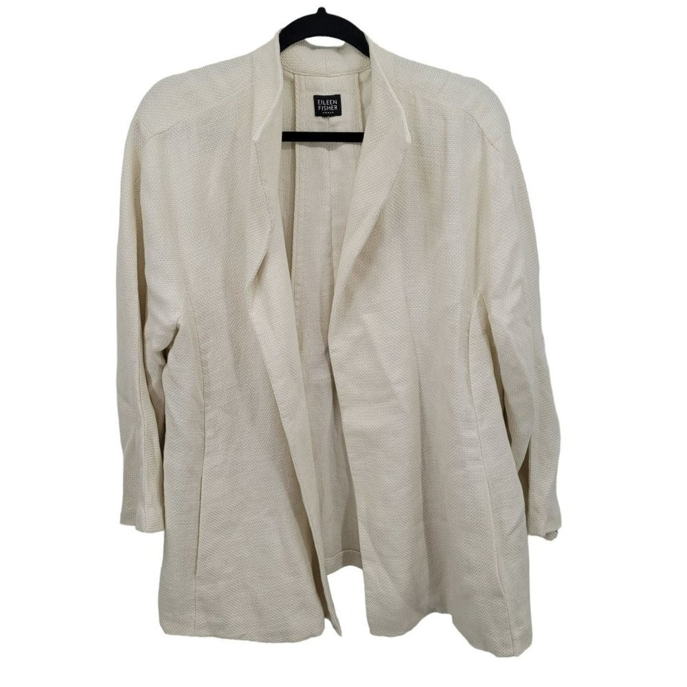 Eileen fisher womens medium large white open front blazer linen blend